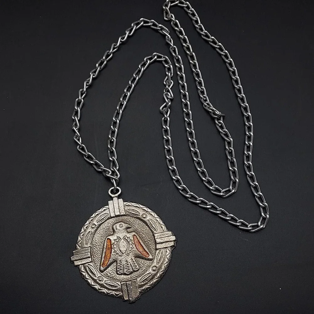 Heavy‎ Silver Tone Tribal Eagle Bird Pendant Necklace Copper Tone Wings